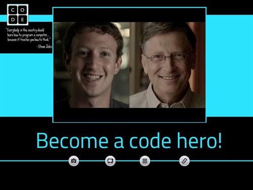 Picture of Mark Zuckerberg and bill gates. text reads "Become a code Hero!"