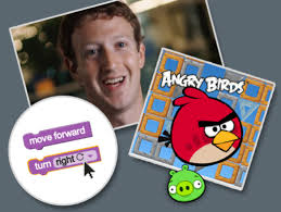 picture of mark zuckerberg, angry bird logo, and code commands